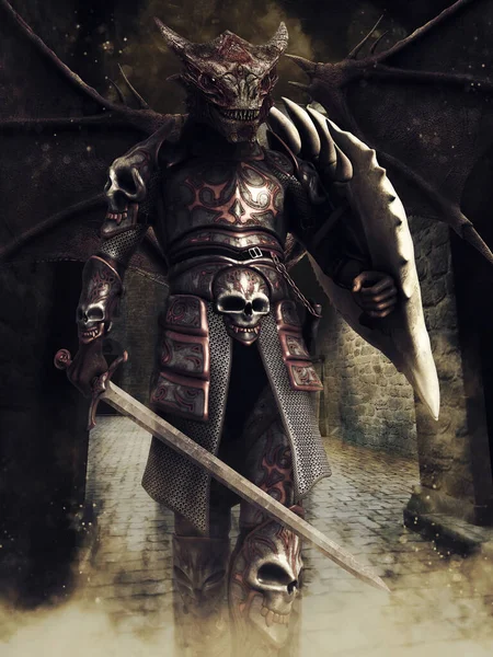 ドラゴンの頭と翼を持つファンタジー戦士は 剣と骨の盾を手に持っています 3Dレンダリング — ストック写真