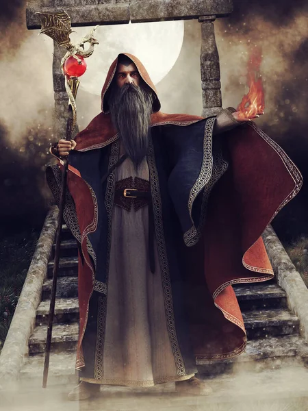 Fantasy old wizard in a hooded cape, holding a staff in one hand and a flame in the other. 3D render.