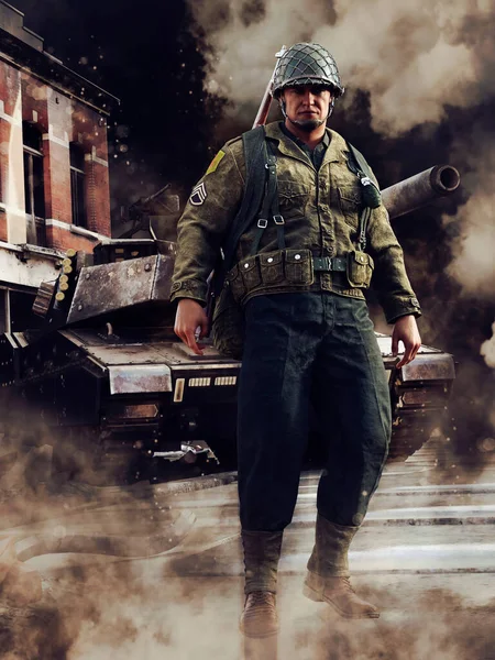 Dark Scene Soldier Standing Front Tank Ruined City Render — Stock Photo, Image