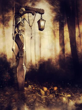 Korkunç eski bir fener ve üzerinde insan iskeleti olan karanlık bir sahne. 3 Boyutlu Hazırlama. 