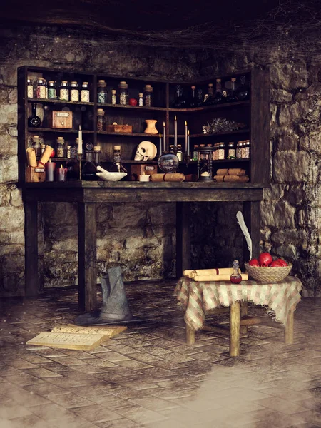 Fantasie Alchemist Workshop Met Een Boekenplank Tafel Met Rollen Drankjes — Stockfoto