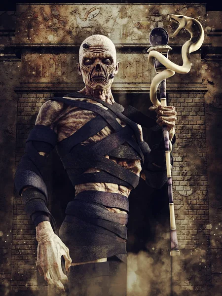 Dark Scene Spooky Ancient Egyptian Zombie Priest Holding Cobra Staff — Stock Photo, Image