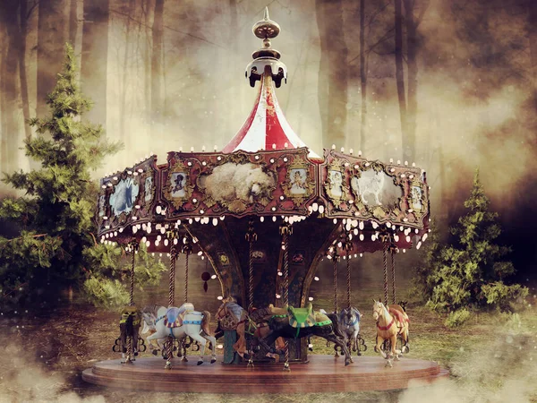 Colorful Fantasy Carousel Horses Foggy Forest Green Trees Render — Stock Photo, Image