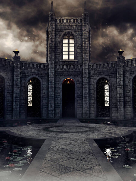 The courtyard of an old gothic cloister on a stormy day, with dark clouds and grey sky. 3D render. 