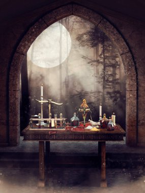 Geceleri ormana bakan gotik bir pencerenin yanında mumlar ve simyacı aletleri olan bir masa. 3 Boyutlu Hazırlama.
