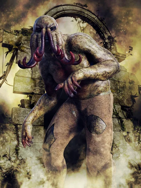 在古老的丛林废墟中站立着一个带着触角的幻想怪物 3D渲染 — 图库照片