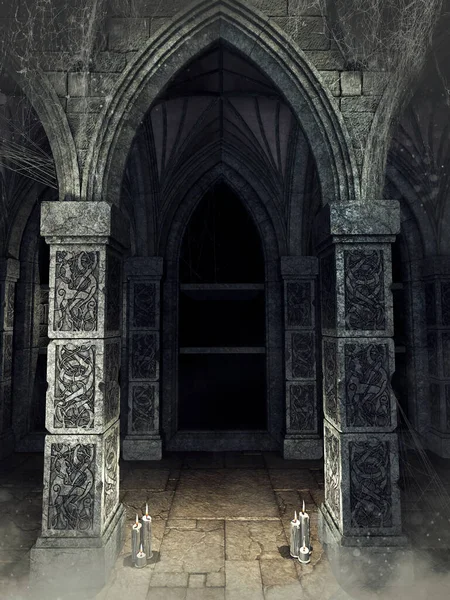 Dark Gothic Corridor Old Cathedral Candles Spider Webs Render — Stock Photo, Image