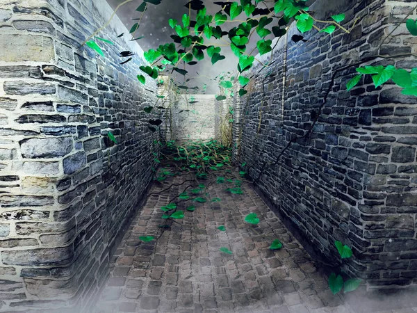 Entrance Fantasy Labyrinth Stone Walls Green Ivy Render — Stock Photo, Image