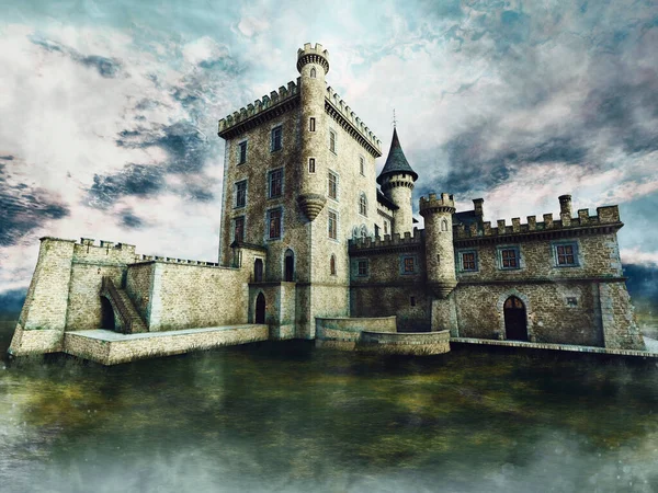 Paisagem Tempestuosa Com Castelo Fantasia Com Torres Junto Lago Renderização — Fotografia de Stock