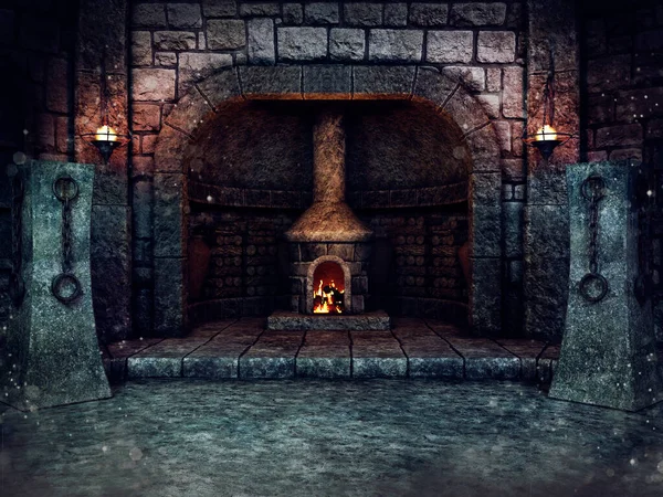 用铁镣和火把在地牢地下室里生火的旧火炉 3D渲染 — 图库照片