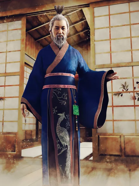 Old Asian man in a robe with a peacock standing in front of a teahouse. 3D render.