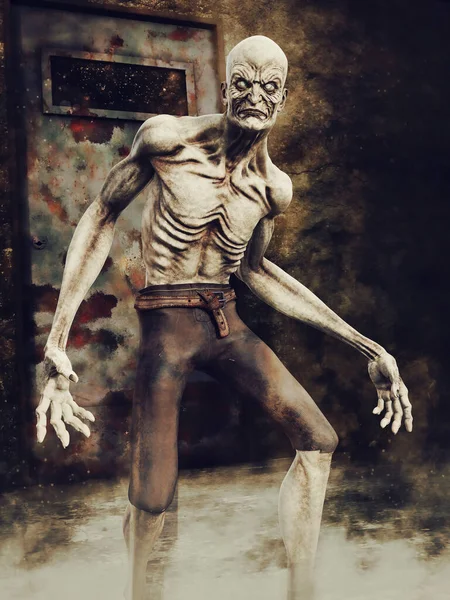 恐怖的食尸鬼站在一个满是浓烟的黑暗走廊里 站在生锈的门前 3D渲染 — 图库照片