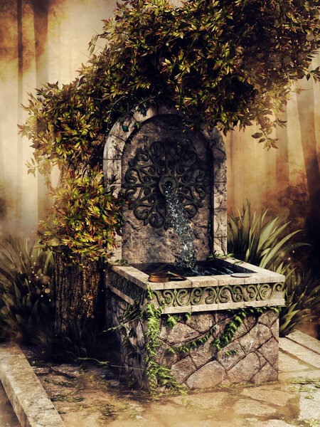 Old stone well with green ivy in a dark, foggy park with tall trees. 3D render.