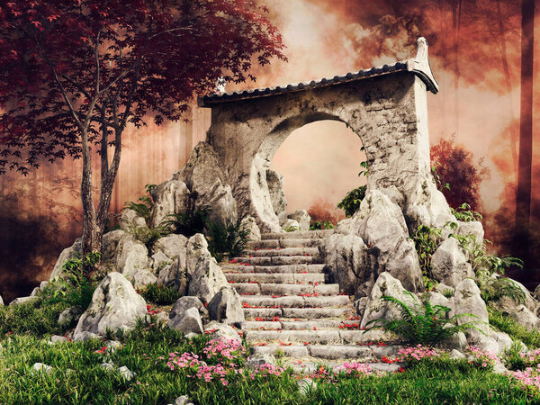 Fantasy stone ruins of a gate and stairs in a foggy autumnal forest . 3D render.