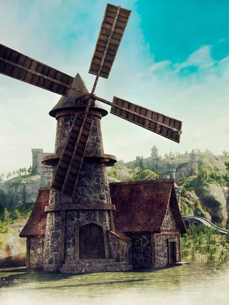 Fantasy Scene Medieval Windmill Castle Hill Background Render — Stock Photo, Image