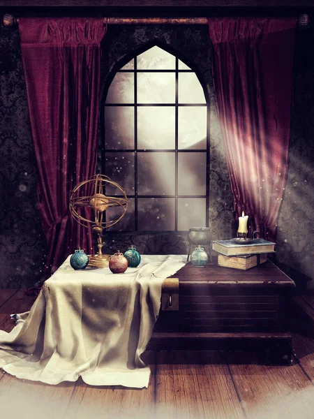 Gothic room with a table, astrological sphere, bottles, books, and a candle. 3D render.