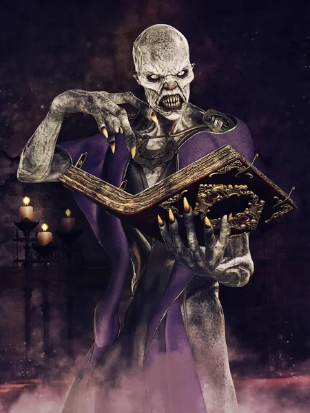 Spooky Undead Sorcerer Casting Spell Old Magic Book Temple Render — Stock Photo, Image