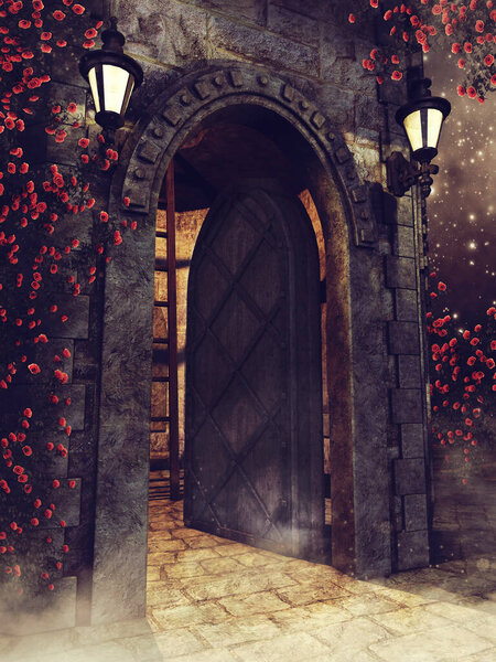 Night scene with a gothic gate with lanterns and colorful rose vines. 3D render.