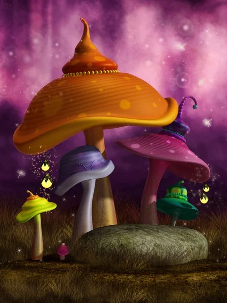 Funghi fantasia colorati con lanterne — Foto Stock