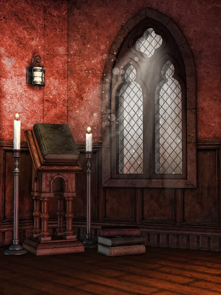 Chapel with books and candles — Stock Photo, Image