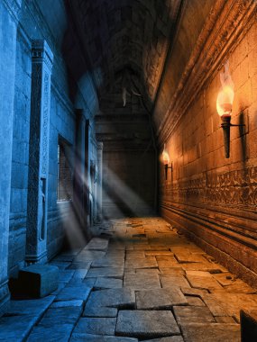 Dark corridor with torches clipart