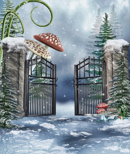 Garden gate with mushrooms — Stock Photo, Image