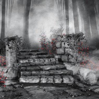 Ruins with red roses clipart