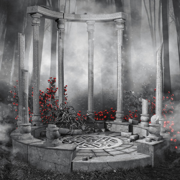 Ruined rotunda in a dark forest with red rose vines
