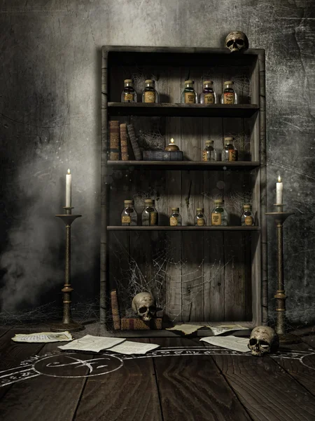 Vieille bibliothèque avec potions magiques — Photo