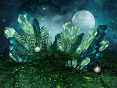 Colorful crystals and moon clipart