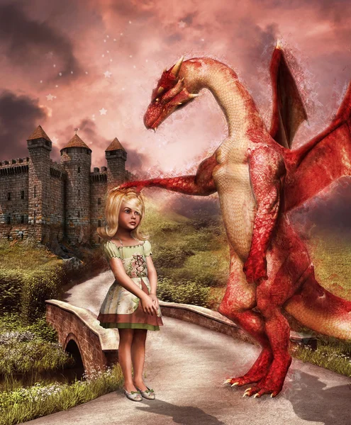 Red dragon and a girl — Stock Photo, Image