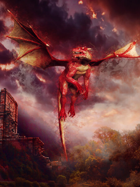 Red dragon flying over ruins of a castle,illustration