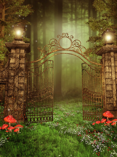 Vintage gate with lamps on a meadow with spring flowers,illustration