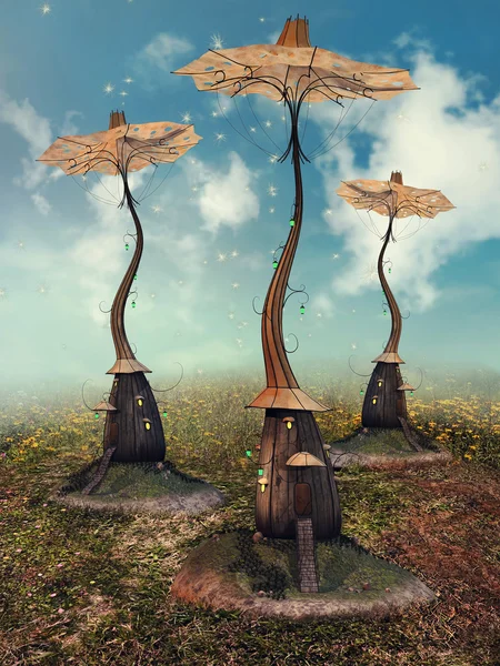 Fairy cottages with umbrellas — Stock Photo, Image