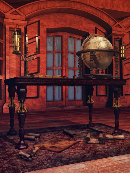 Pirate kamer met een globe en kaarten — Stockfoto