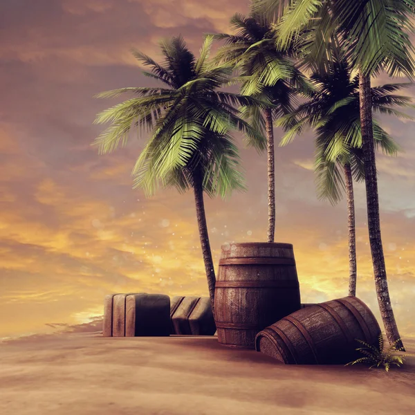 Barrels, crates and palm trees — Stock Photo, Image