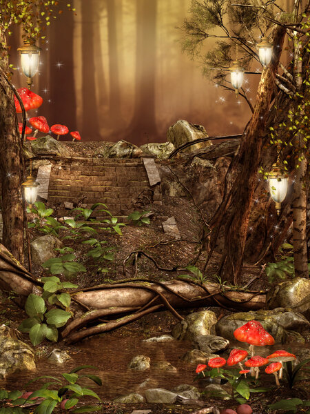 Colorful forest with red mushrooms and hanging lanterns