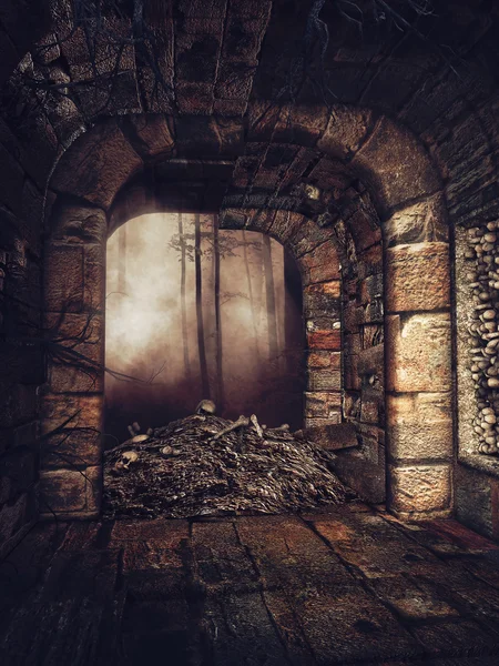 Antigua cripta con un montón de huesos — Foto de Stock