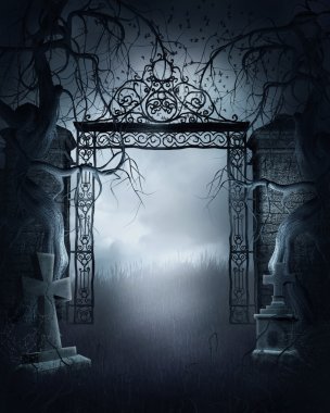 Foggy cemetery gate clipart