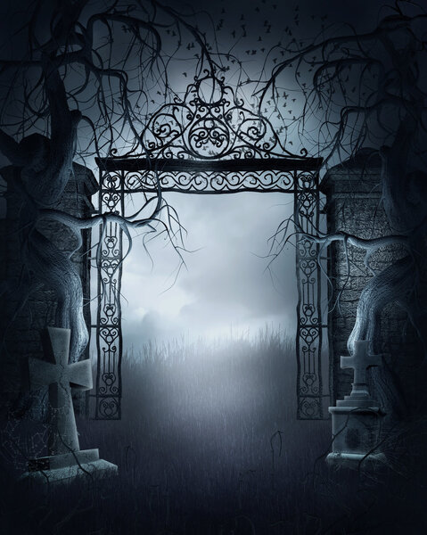 Foggy night scene with a cemetery gate, crosses and dark trees