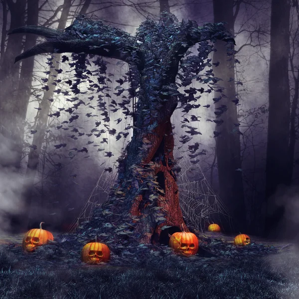 Tree with pumpkins and cobwebs — Stock Photo, Image