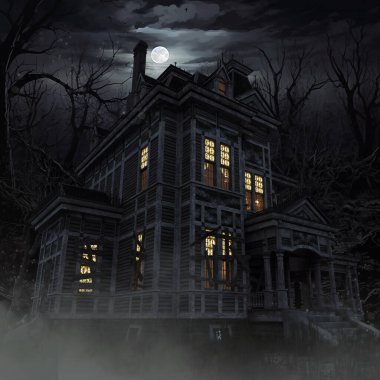 Pencerelerinde ışık olan, dolunay gecesi solmuş ormanlarla çevrili ürkütücü perili bir ev. 3D kaynaklardan ve boyalı elementlerden yapılmış, yapay zeka kullanılmamış..