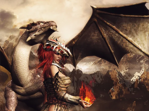 Girl in armor and a dragon — Stock Photo, Image