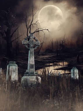Arka planda dolunay olan bataklık yakınlarında eski gotik mezar taşları olan bir gece sahnesi. 3D kaynaklardan ve boyalı elementlerden yapılmış, yapay zeka kullanılmamış..