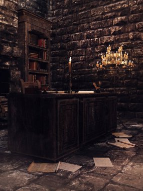 Ortaçağ mobilyaları, mumlar ve yerde kağıtlar olan fantezi şato odası. 3D kaynaklardan ve boyalı elementlerden yapılmış, yapay zeka kullanılmamış..