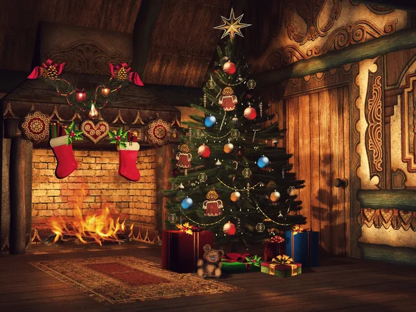 Árvore de Natal, presentes e uma lareira Imagens De Bancos De Imagens