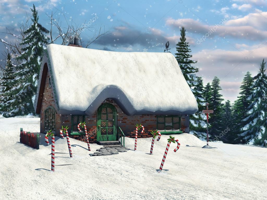 Winter cottage and candy canes