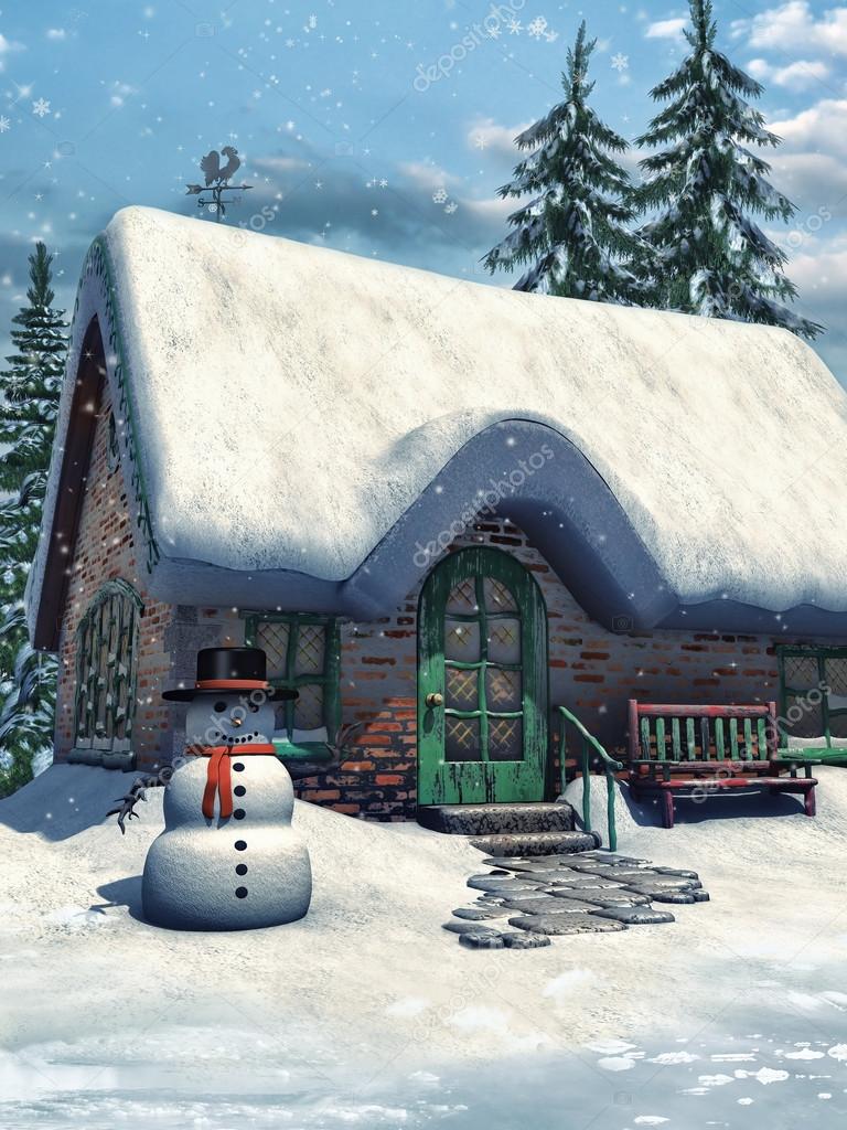 Cottage and snowman