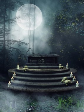 Fantasy altar with candles and skulls clipart