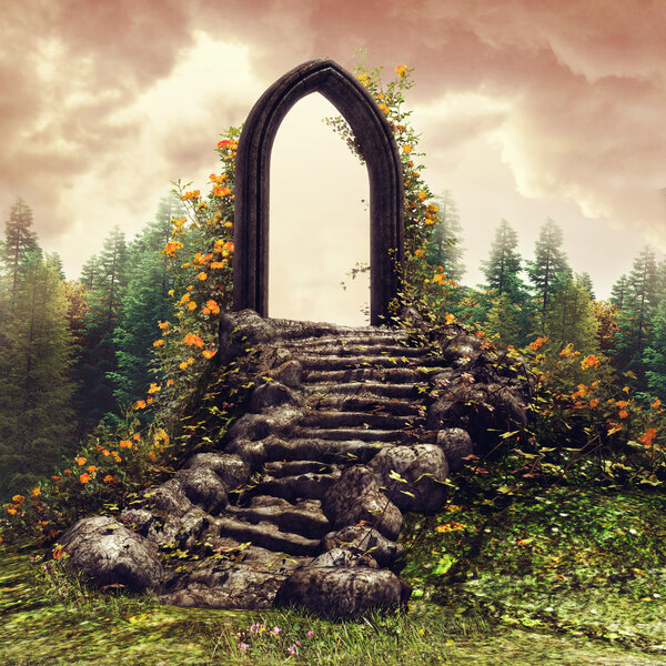 Fantasy door and stairs on a flowering meadow near a forest